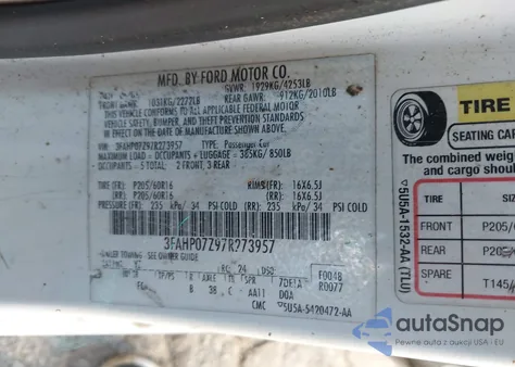 2007 Ford Fusion Se z USA, uszkodzony, nr VIN 3FAHP07Z97R273957